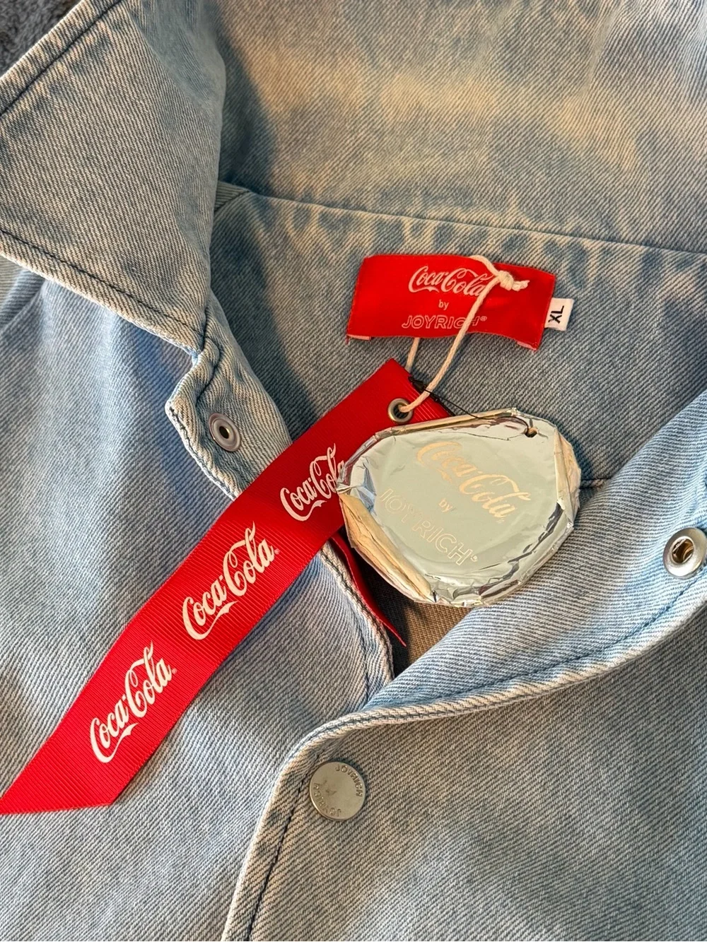 RARE Coca-Cola by Joyrich Blue Denim Jacket Green Logo Snap Front 2017 baggy XL